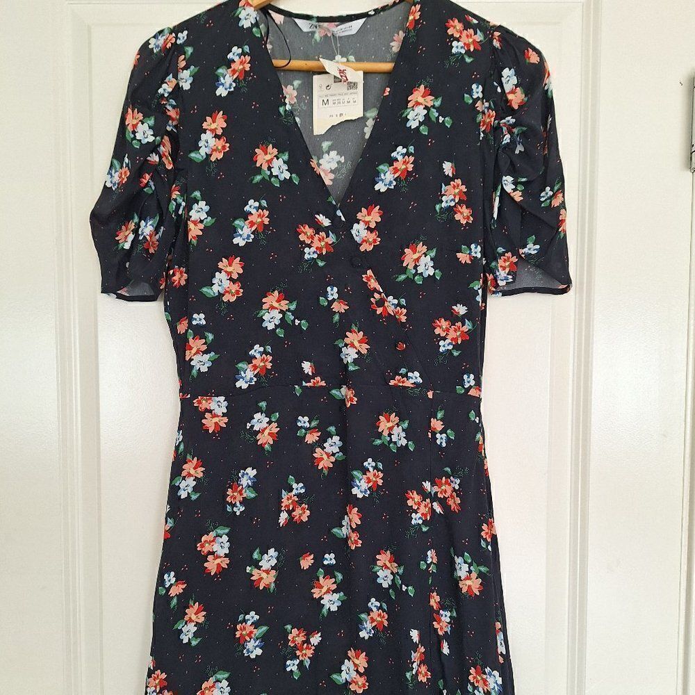 Zara Black Floral Print Mini Shirt Dress size M